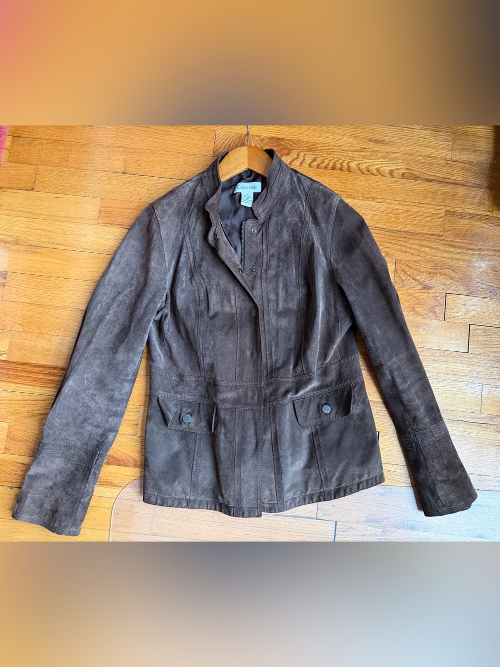 Calvin Klein Women's Dark Brown Suede Leather Button-Front Jacket